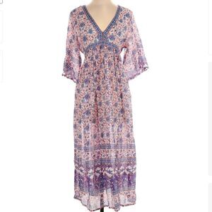 Geraldine Blue Midi Dress 100% Cotton Flutter Bell Sleeve Handmade Gypsy Dress M